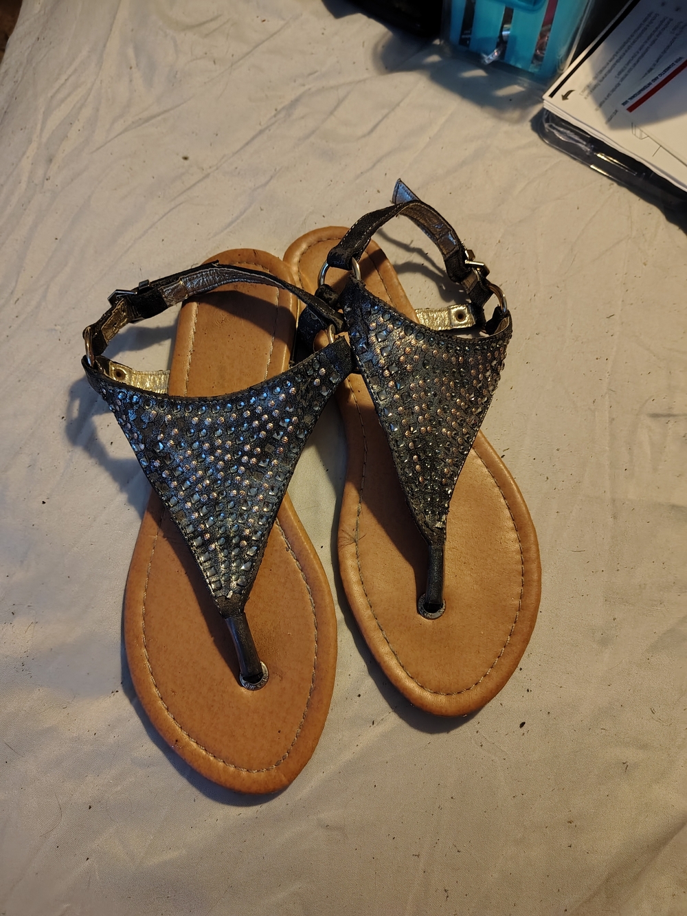 Embellished Black T-Strap Women's Sandals with Rhinestones